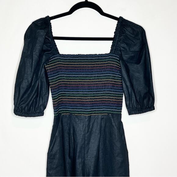 SOMETHING NAVY Rainbow Smocked Linen Blend Jumpsuit Puff Sleeve Size XS - Picture 5 of 9